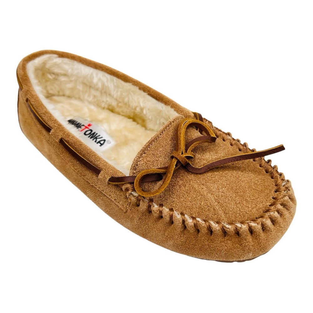 Minnetonka Kayla Tan Suede Leather Faux Fur Lined Slipper Mocccasins